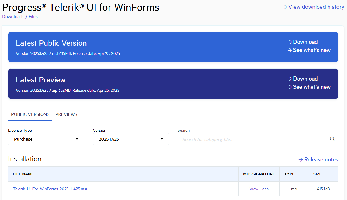 Download automated installer Telerik_UI_for_WinForms_<version>_Dev.msi